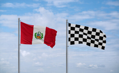 Checkered racing and Peru flags, country relationship concept