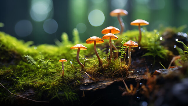 Psilocybin mushrooms growing on moss in the forest