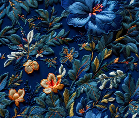Seamless realistic embroidery tropical floral pattern design. Generative ai