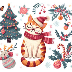Vector Christmas Cat Illustrations. Collection of Kawaii Isolated Christmas Pet Art for Stickers. genrative AI