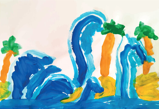 Gouache painting of coconut palmlike plants and waves, in the style of childs drawing