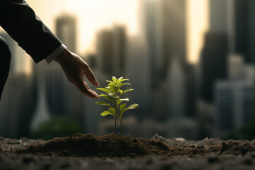 a businessman in suit holding a small sapling plant growing out of dirt, ESG Environmental, social, and corporate governance, Sustainability-Linked Bond SLB, Generative Ai.