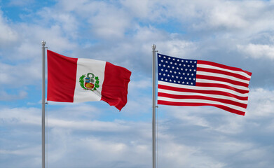 USA and Peru flags, country relationship concepts