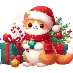 Cute Vector Xmas Siamese Cat Clipart for Coloring Page and Illustration. Happy Clip Art Christmas Pet. Cute Vector Illustration of a Kawaii Animal for New Year Stickers.. generative AI.