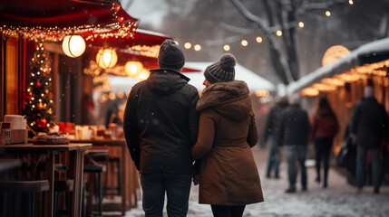 People at the Christmas market are happy and smiling, decorated christmas market, mulled wine in hands | Generative AI