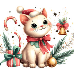 Cute Christmas Siamese Cat Clipart Illustration. Funny Clip Art Christmas Mammal. Cute Vector Illustration of a Kawaii Pet for Christmas Stickers. generative AI.