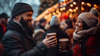 People at the Christmas market are happy and smiling, decorated christmas market, mulled wine in hands | Generative AI