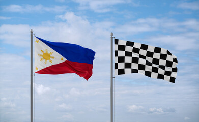 Checkered racing and Philippines flags, country relationship concept