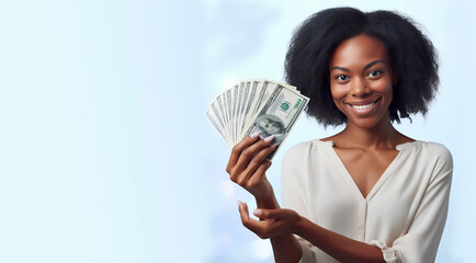 ¡Aquí está mi salario! Foto de primer plano de una joven con dinero en sus manos - obrazy, fototapety, plakaty