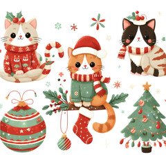 Cute Christmas Siamese Cat Clipart Illustration and Black and White. Funny Clip Art Christmas Mammal. Cute Vector Illustration of a Kawaii Pet for Christmas Stickers. genrative AI