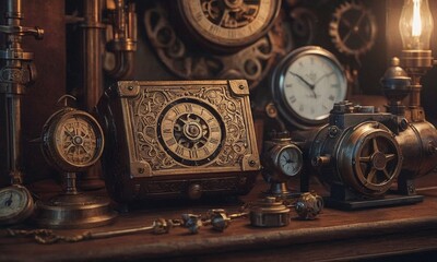 Steampunk background. Mechanisms, gears, light bulbs and clocks - Powered by Adobe