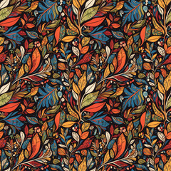 bright colorful leafy repeat pattern, nature theme seamless repeat pattern, generative ai