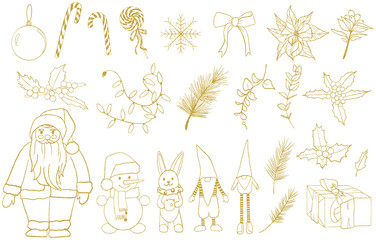 Christmas hand drawn gold line set 