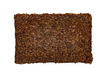 Dark brown slice of typical Dutch Roggebrood. Top view isolated on a white background.