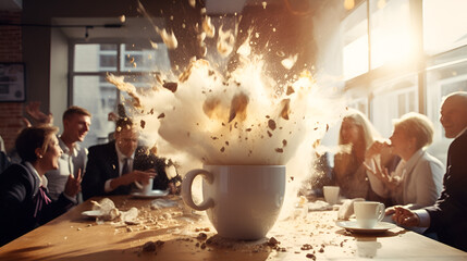 exploding coffee cup in a corporate meeting - obrazy, fototapety, plakaty