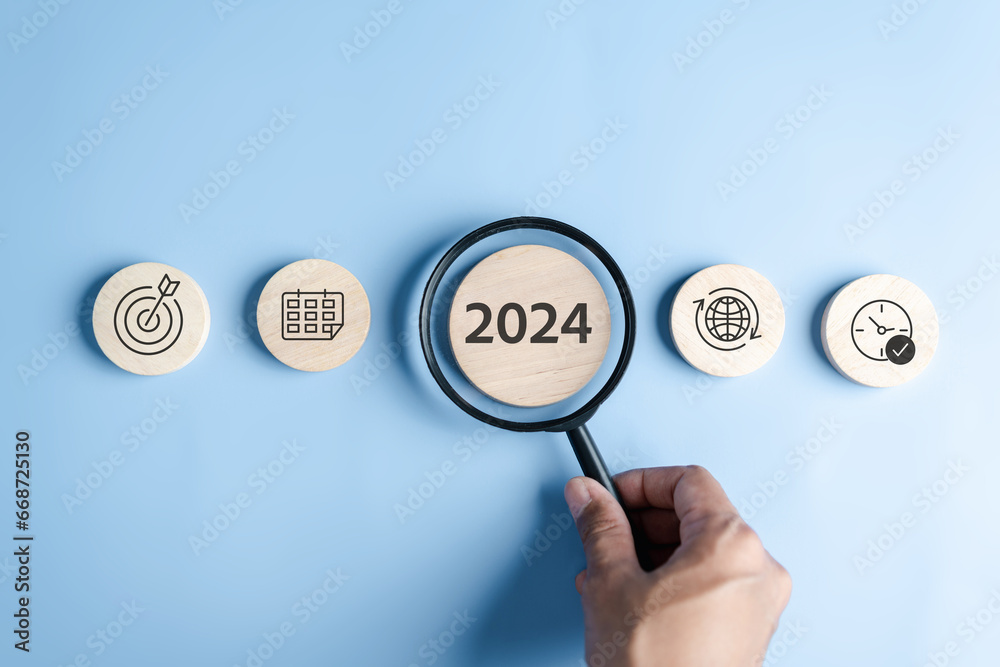 Aufkleber starting new year with ambition 2024 and countdown merry christmas and happy new year, planning and 