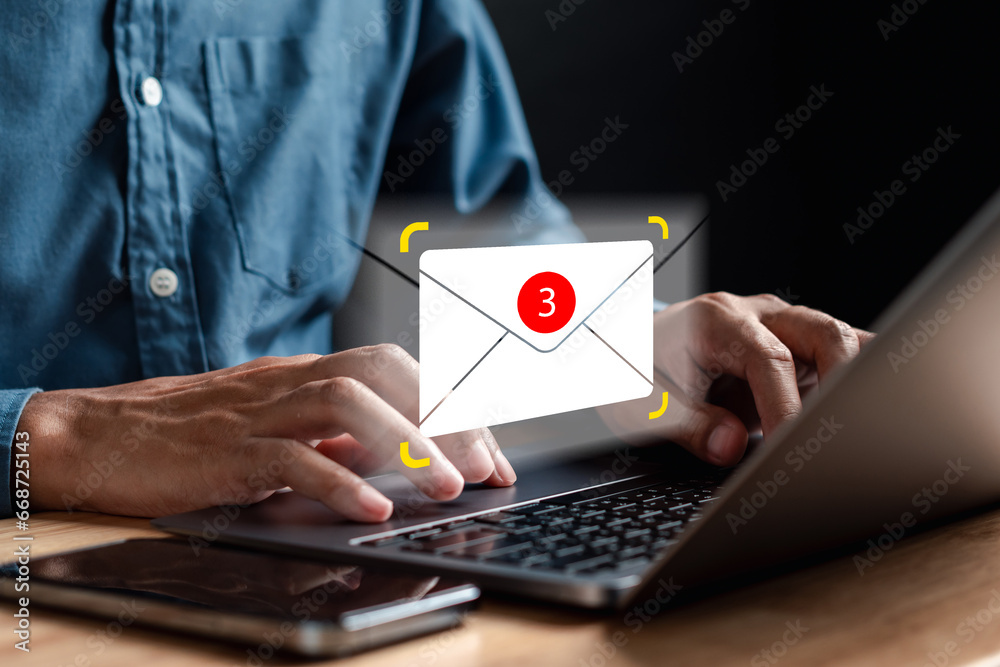 Poster sending email to customer, business contact concept...