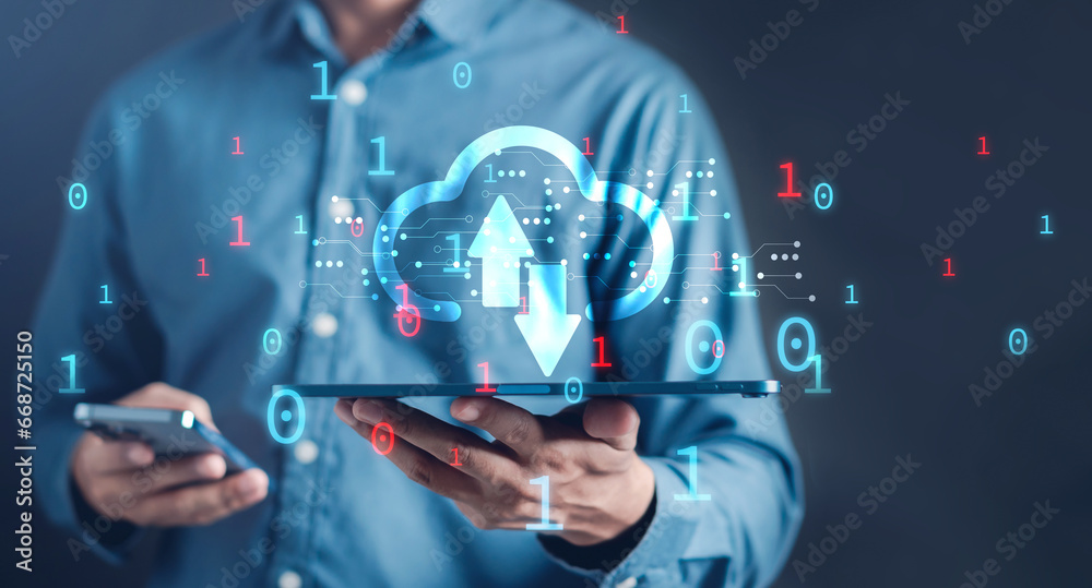 Poster Businessman use cloud computing transfer data on network application.