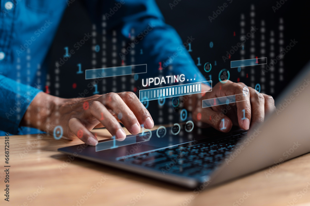 Aufkleber Update software and installing new version system in computer. Man upgrade program, Business technology internet loading bar with installing the update for the quality better...