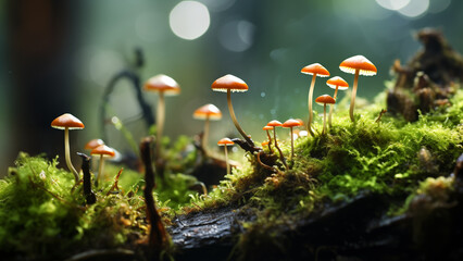 Psilocybin mushrooms growing on moss in the forest