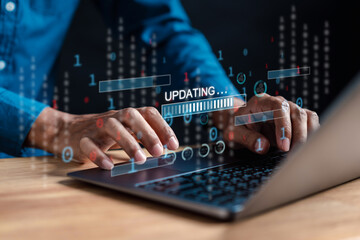 Update software and installing new version system in computer. Man upgrade program, Business...