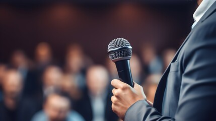 Close-up of a Public Speaker's Hand Holding a Microphone with a Blurred Audience in the Background at a Formal Event
