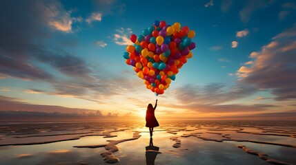 Dreamy Escape with Colorful Balloons - Silhouette of Woman Standing Amidst Reflective Pools at Sunset