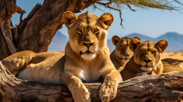 Lions Resting on Sunlit Desert Terrain with Weathered Tree Trunk
