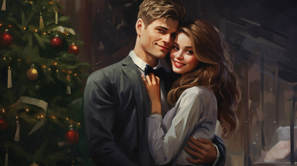 a happy couple standing in front of a christmas tree