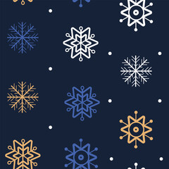 Fototapeta na wymiar Seamless vector pattern with white, blue, beige snowflakes on the dark blue background. Vector illustration for wallpaper, invitation, postcard, greeting card, clothes, textile.