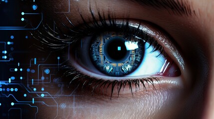 Female eye close-up, additional reality, neon. Generation AI