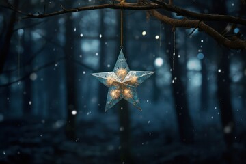 christmas star on tree branch decoration in winter forest at night - obrazy, fototapety, plakaty