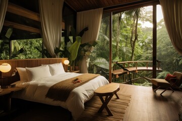 eco interior of hotel room in tropical forest