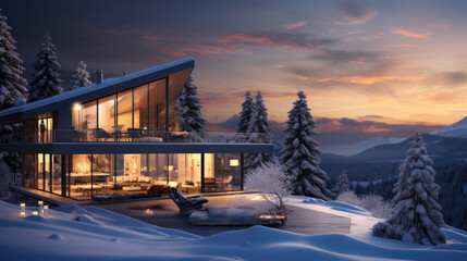A luxury villa, in the winter evening the windows are lit