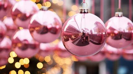 Christmas pink baubles festive ornaments closeup with lights bokeh
