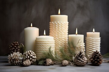 Fototapeta na wymiar burning Christmas candles decorated with pine cones