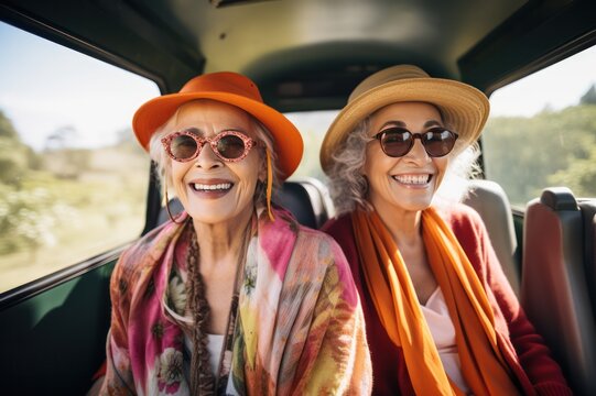 Senior women friends smiling closeup portrait traveling together. Travel agency ad poster targeting retired people. - Powered by Adobe