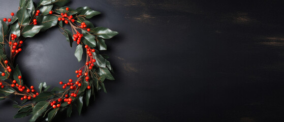 Christmas composition. fir tree branches and red berries on black background. christmas card, flat lay, top view. copy space.