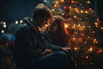 Obraz premium a happy couple standing in front of a christmas tree