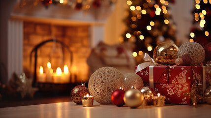 Living room decorated for Christmas with a Christmas tree, baubles, gifts and xmas presents, candlelight and fireplace | Generative AI
