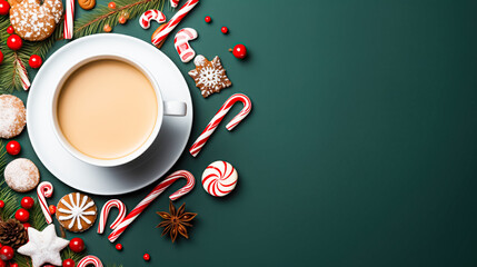 Mug of hot cocoa or chocolate drink and Christmas homemade cookies decorated with sugar sweet icing, festive background