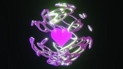 Abstract illustration of alien liquid surreal chrome reflective orb sphere shape with glowing neon heart inside  3D 4K computer graphics render wallpaper