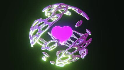Abstract alien liquid surreal morphing chrome reflective orb sphere shape with glowing neon heart inside moving up and down 3D 4K 30 fps seamless loop animation video