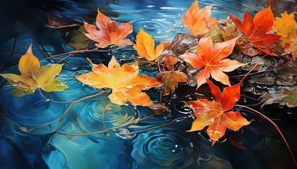 autumn image with leaves lying in water. the leaves have nice colors created by ai