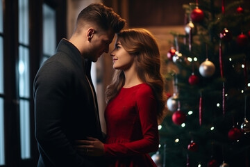 Fototapeta premium a happy couple standing in front of a christmas tree