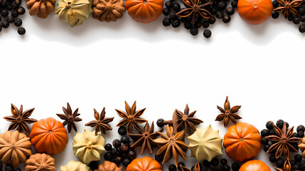 Autumn composition. Frame made of pumpkins, berries and anise stars on white background. Flat lay, top view, copy space