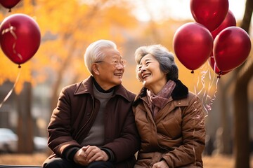Senior asian couple holding heart balloon. AI Generated.