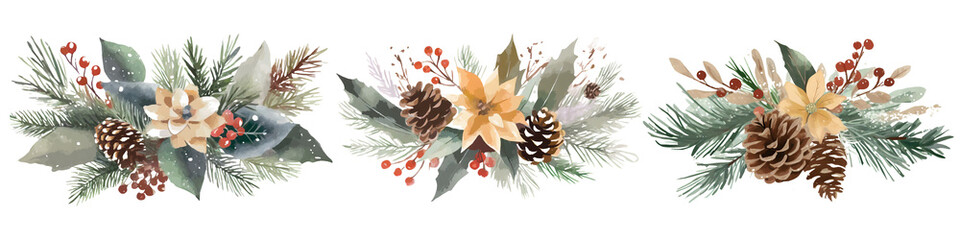 Watercolor Illustration bouquet. leaves, flower, pine cone transparant background; christmas and new year illustration isolated;
