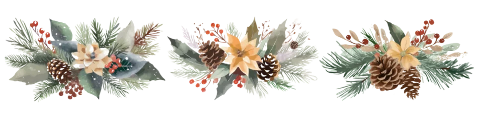 Poster Watercolor Illustration bouquet. leaves, flower, pine cone transparant background  christmas and new year illustration isolated  © Siti