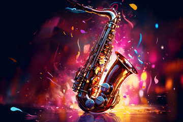 Fototapeta na wymiar Saxophon-Groove: Klangexplosion auf einem lebendigen, bunten Hintergrund